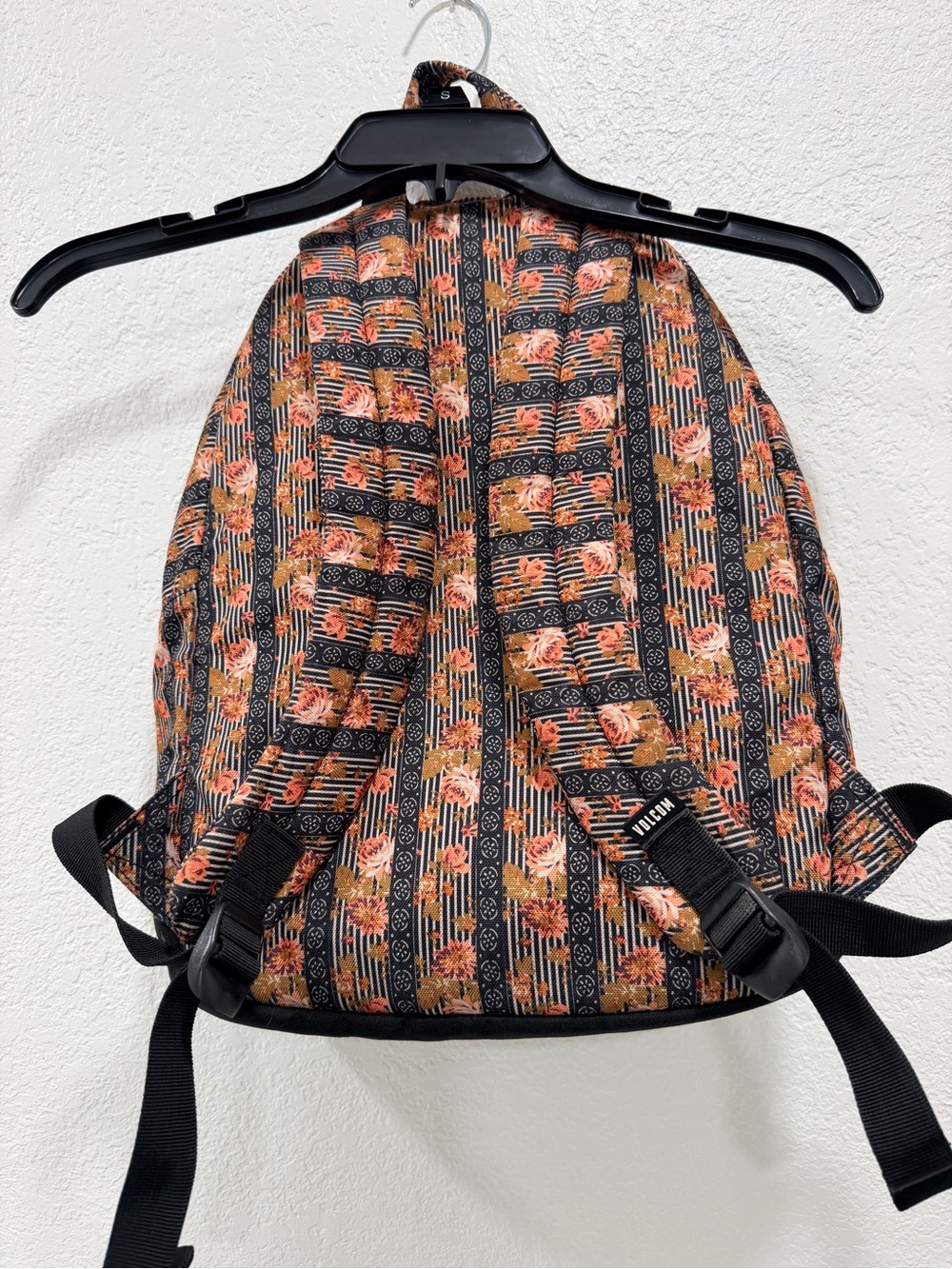 Volcom Black Floral Stripe Backpack with Orange Flowered Accents - Picture 2 of 8